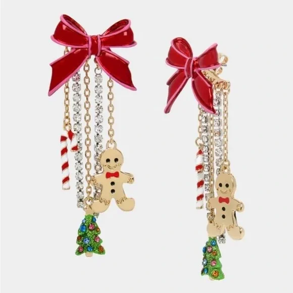 FIRM PRICE Betsey Johnson Gingerbread Man Candy Cane Xmas Tree Necklace Earring - Picture 5 of 7